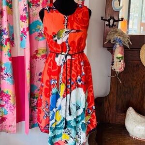 Bright Red Floral & Bird Print Sleeveless Dress